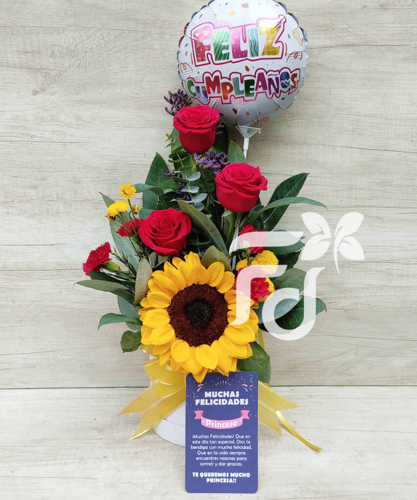 Box Petit de 1 girasol y rosas rojas cod:BX15