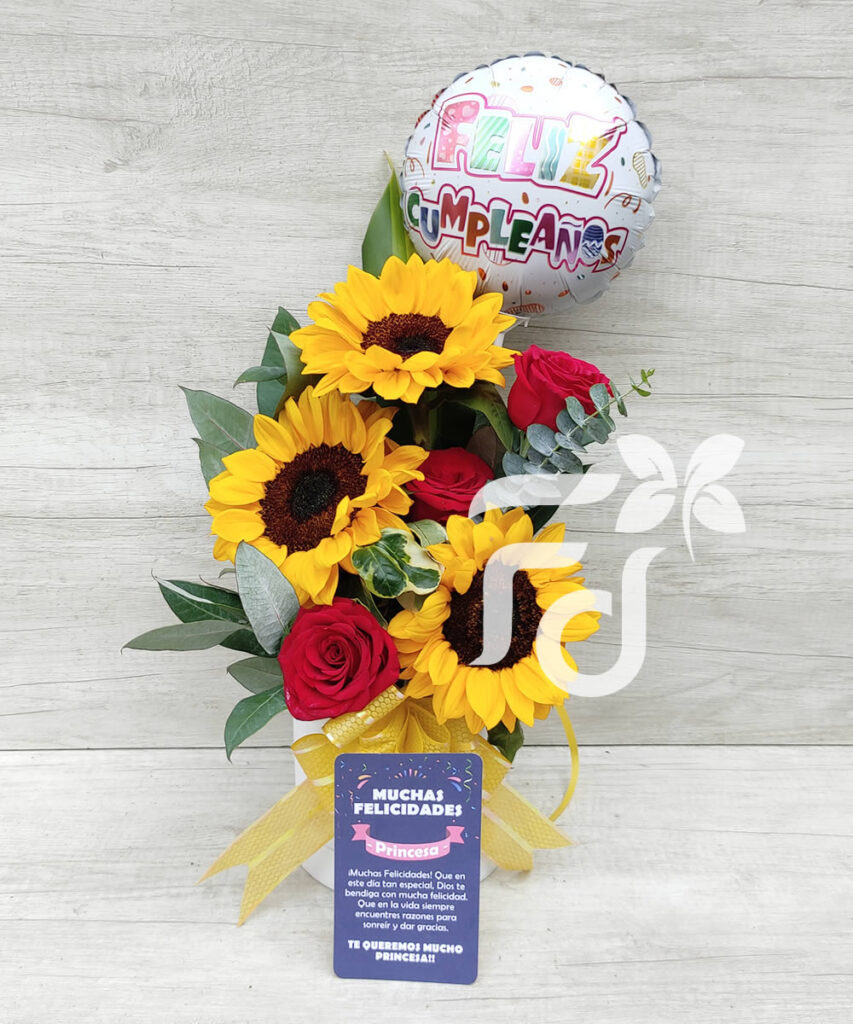 Box Petit de 3 girasoles y rosas rojas cod:BX16