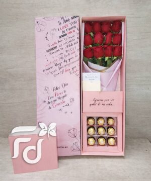 SUPER CAJA RAMO DE ROSAS ROJAS CON FINO FOLLAJE Y BOMBONES FERRERO CON CAJA PINK cod:AF269